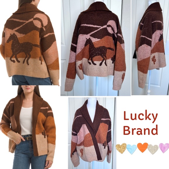 Lucky Brand Sweaters - NWT Lucky Brand Horse Shawl Cardigan birdseye jacquard knit hint of wool Large
